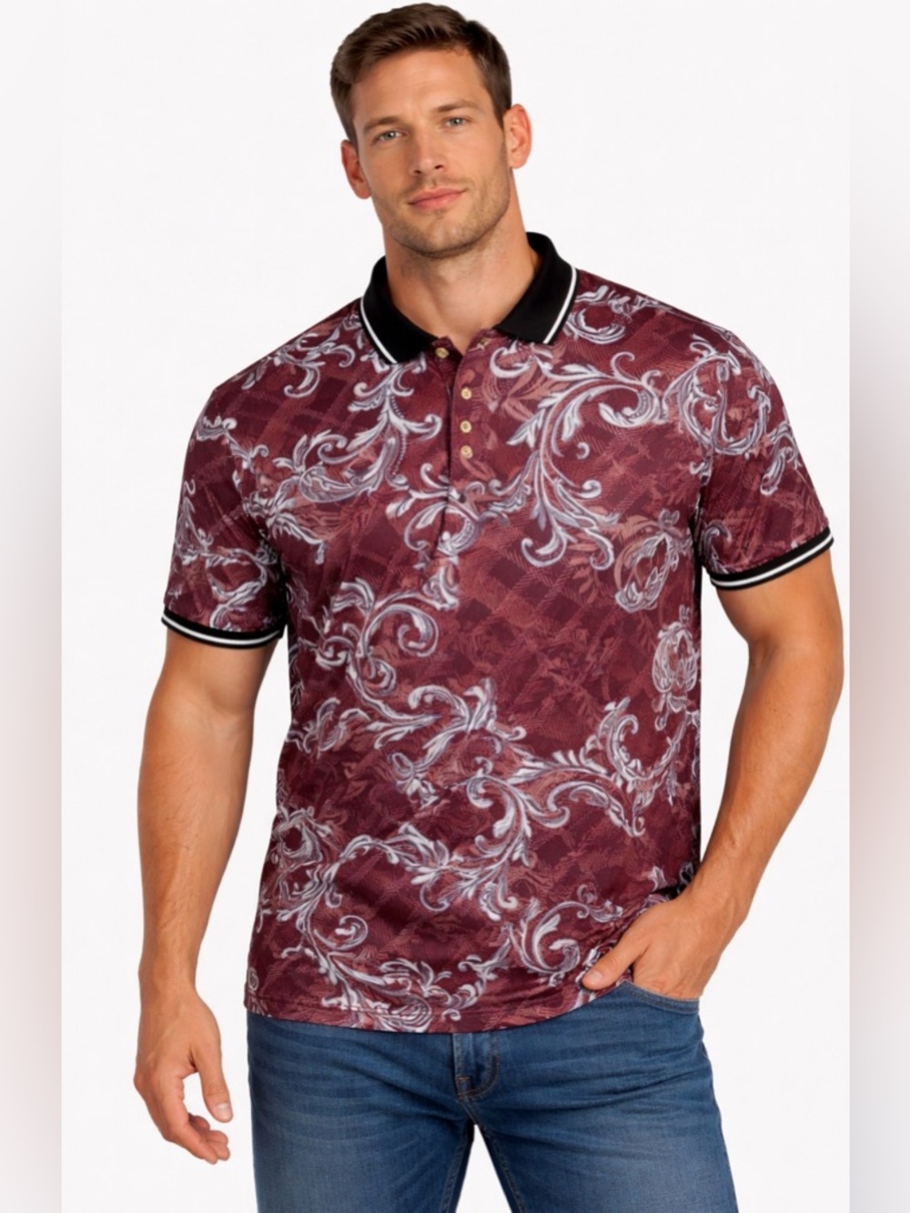 Barabas Burgundy Baroque Print Polo Shirt Men’s L (A537)